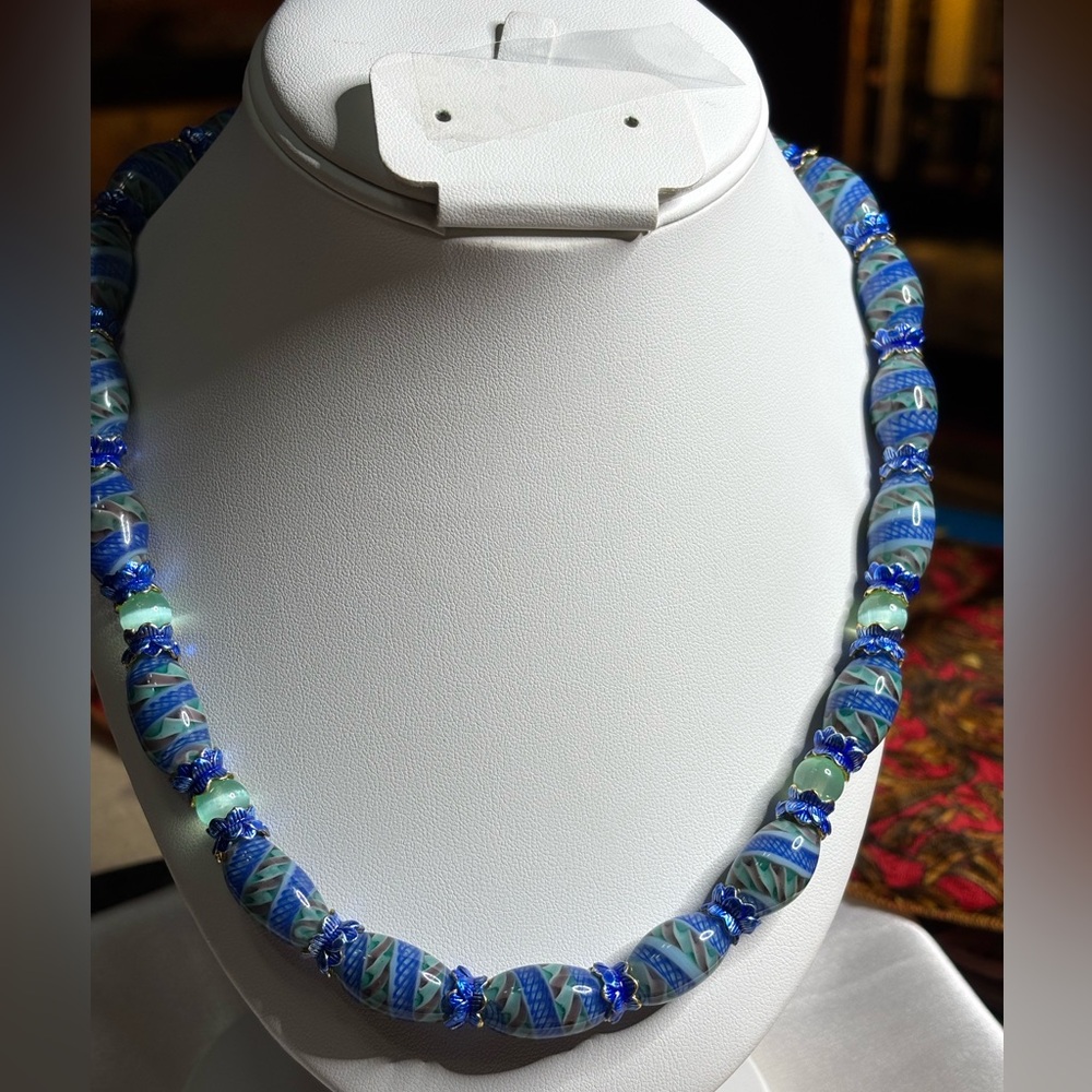 Green Selenite Necklace with Blue and Green Glass Accent Beads 20 inches